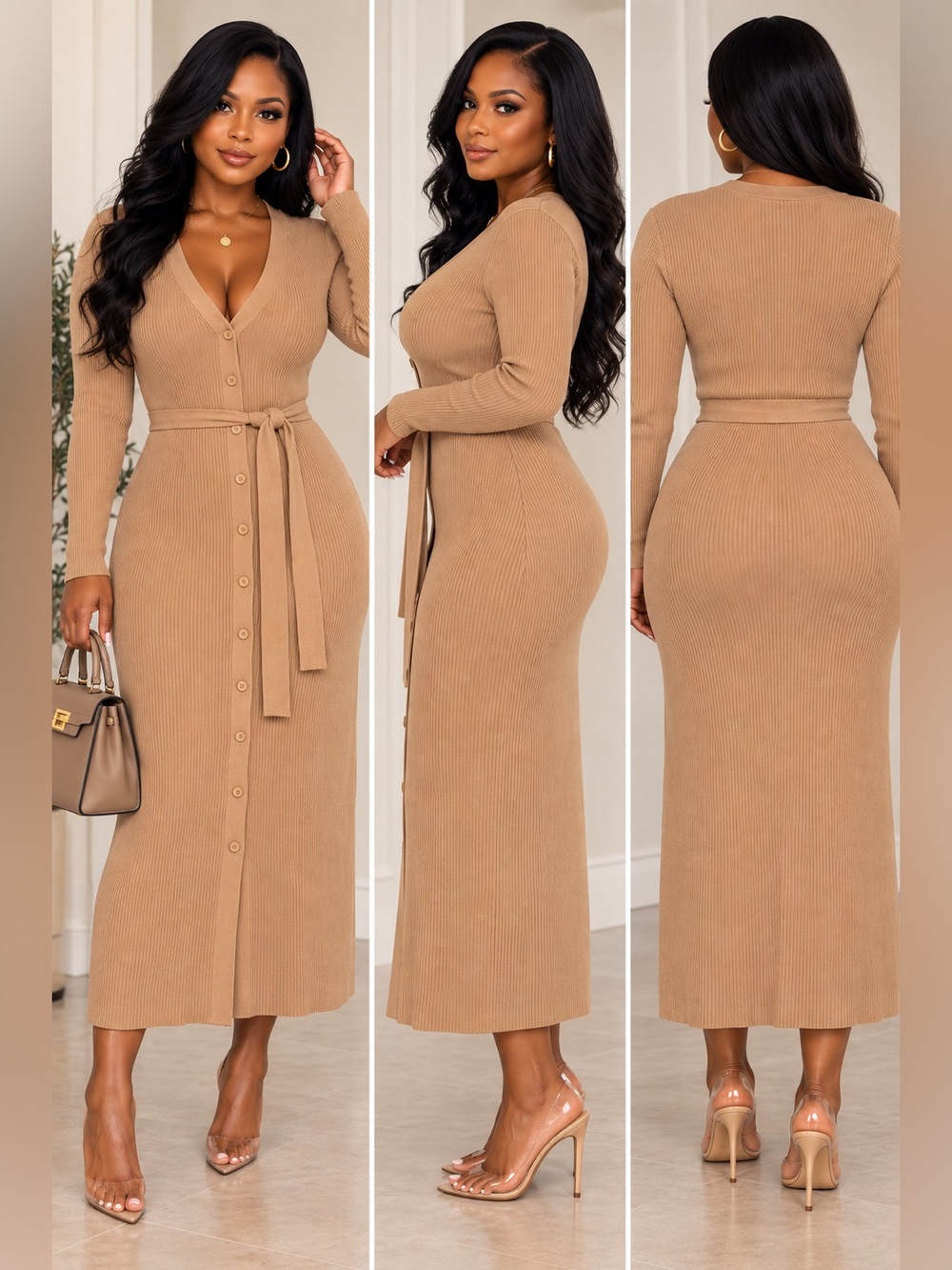 Lucky Brand Ribbed Maxi Sweater Dress in Camel with Tie Belt🥯